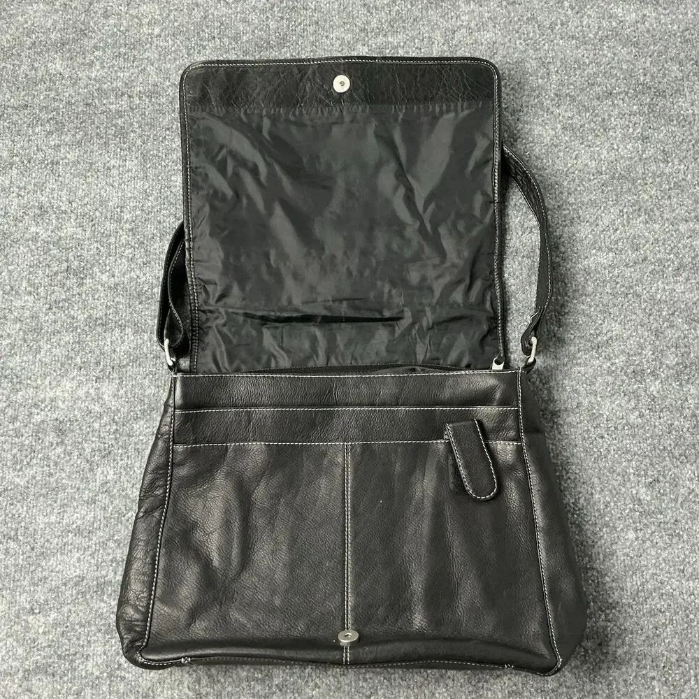 Vintage Black Pebbled Leather Messenger Bag Made in Colombia Striped Crossbody